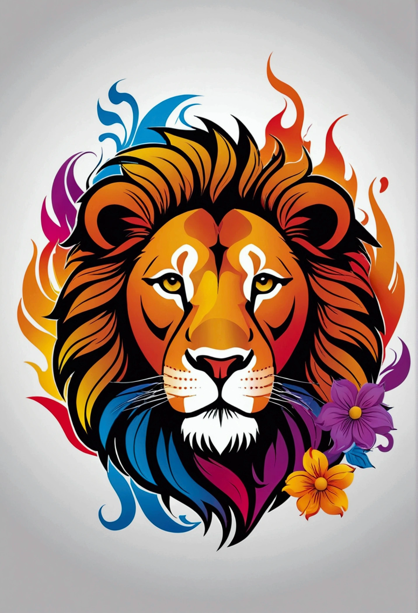 ::style vetor, lion vector logo, colorful color, cor ultrarealistic, logo with vector outline (((round format), blackw, flowers, fire flames around the logo,  white image background ::n_style,  logo with Deformations, ultrarealistic, 32K, 