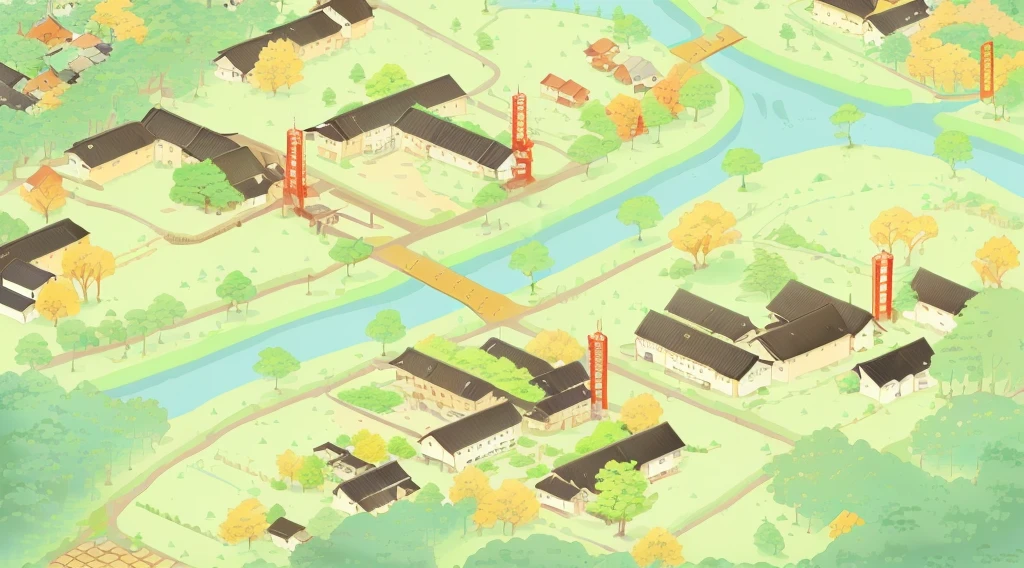 A cartoon map,Describes a town,There is a river and a creek running through the city.。, A Japanese town, Isometric map, Detailed scenery —width 672, Japanese Village, Japanese rural town, Residential area, Colorful Fox City, small town surrounding, Japanese cities, Ancient city landscape, Tokyo style town, small village, Japanese Community, countryside city scene, Town Background