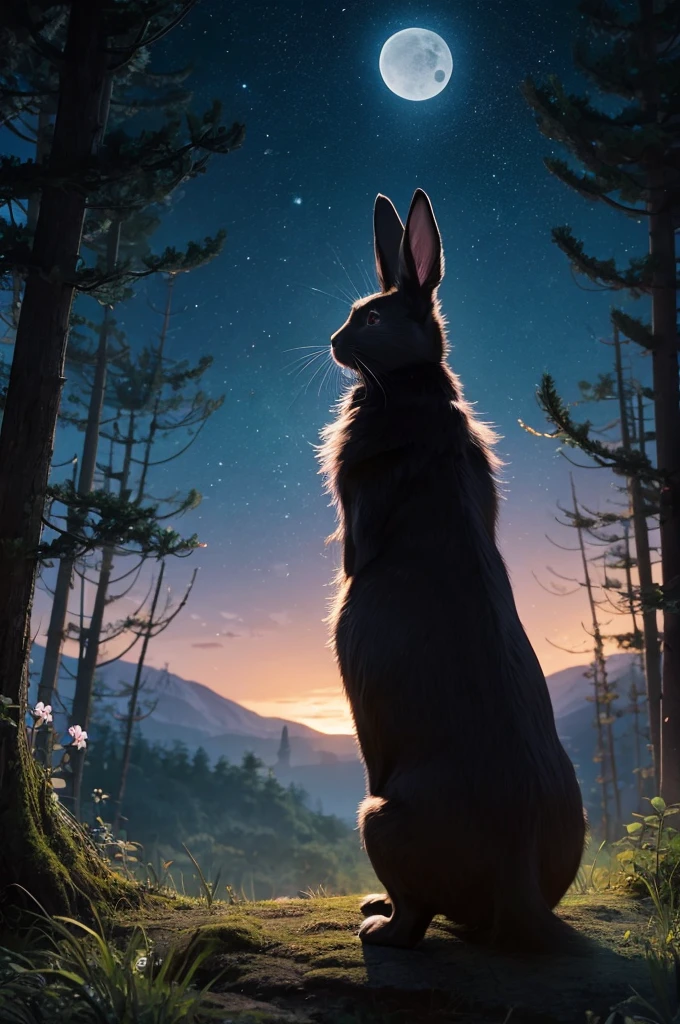 A black rabbit is looking at the moon in the forest at night, a fantasy anime style