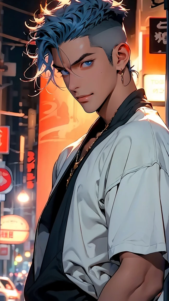 highest quality, 8K, high resolution image, anime style Jujutsu Kaisen, detailed strokes, slightly tanned skin, blurry, smile, purple light reflecting from it, (close angle), 1 man, young, male, model, cool guy, muscular, blue Eyes, light blue hair very short hair, brown hair, short hair, hairstyle: undercut, hair slicked back, swollen chest, he is wearing a T-shirt under a jacket and sweatpants, hand in trouser pocket, gold link chain, background: city, Tokyo, business district