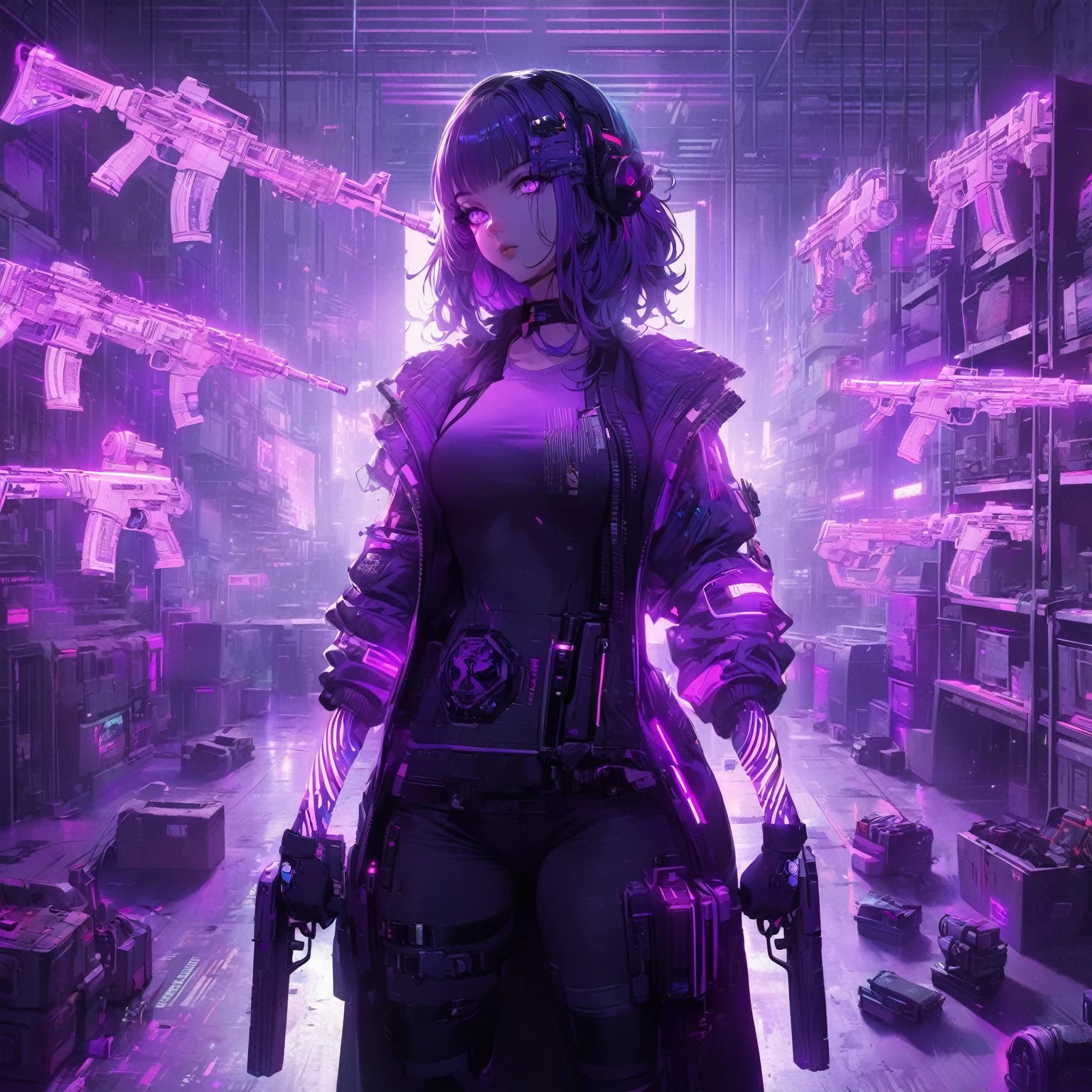 a woman standing in a warehouse with guns and a purple light, purple shadows hollow surrounding her , weapons that are made out of purple shadow swirling in the air, more weapons made out of black and purple shadows are floating around her, cyberpunk vibes, muted cyberpunk style, cyberpunk art style, hyper-realistic cyberpunk style, cyberpunk vibe, in cyberpunk style, cyberpunk with neon lighting, aesthetic cyberpunk, like a cyberpunk workshop, cyberpunk style, in cyberpunk aesthetic, in a cyberpunk setting, cyberpunk artstyle, cyberpunk look, (nude:0.8), advanced digital cyberpunk art, detailed gorgeous face| anime style| key visual| intricate detail| highly detailed| breathtaking| vibrant| panoramic| cinematic| Carne Griffiths| Conrad Roset| gibbli 8k