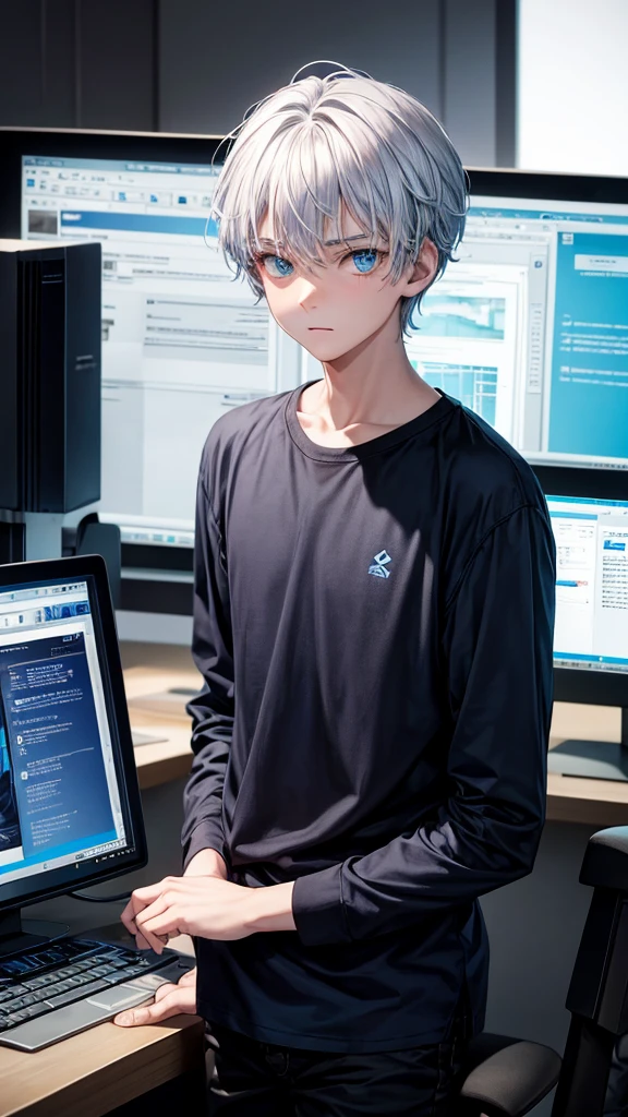teenage boy, dark blue shirt, bluish white hair, greeneyes, black pants, in the room using the computer alone, looking directly at the monitor