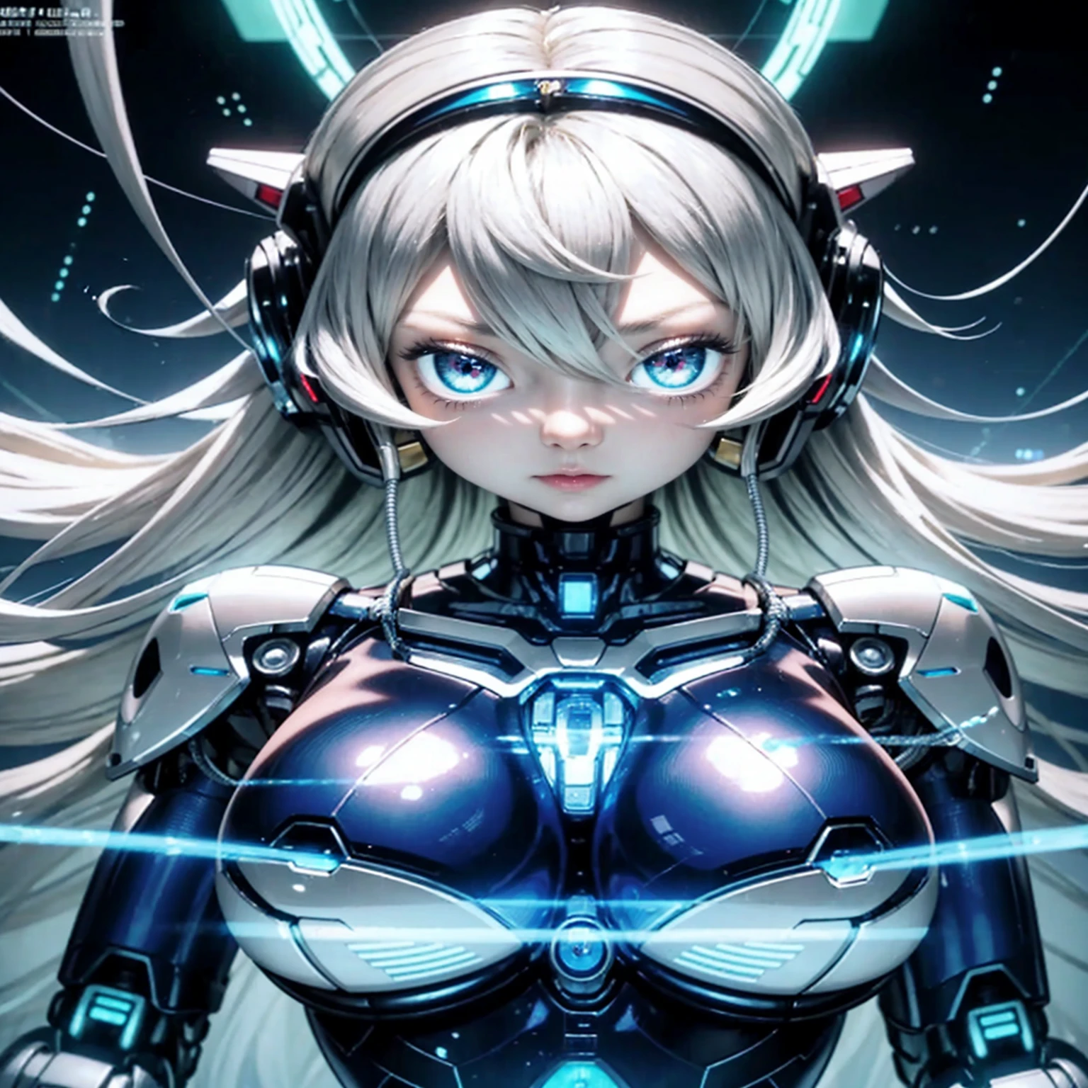 ((tabletop)),(best qualityer),(detailded),(1 girl in),Bright Blonde Fake Hair, Eyes shine blue, Wavy hair, silver latex bodysuit, ANDROID, data flow, cables, wires, carrying, Digital Chain, breasts big, gazing at viewer , chest close-up,mecha museum,mechanical parts ,robot joints,harness
