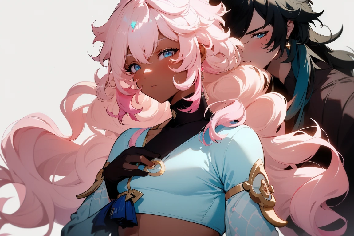 Masterpiece,Best quality,offcial art,Extremely detailed Cg Unity 8K wallpaper, Joy, anger and sorrow on all kinds of expressions,character design,juesesheji,Sketch line drawings,
In style of ((genshin impact:1)), wearing pale blue clothing ,
((Beautiful man:1)) , ((dark skin:1)), ((extremely long hair:1)) , ((pale pink hair:1.3)) , (((male))) , full lips , light blue eyes, ((Skinny build)) ,effeminate , ((has a center part in hair:1.2)),((curly hair:1.3)) , ((crop top)), Bishounen, possess delicate and androgynous features , as a male , small waist, thin , femboi, femboy, ((big lips:1)), puffy lips , big hair , ((blowout hairstyle:1)) , ((sleek hair:1)), ((has a middle part in hair:1.4)), (((male))), big hair ,