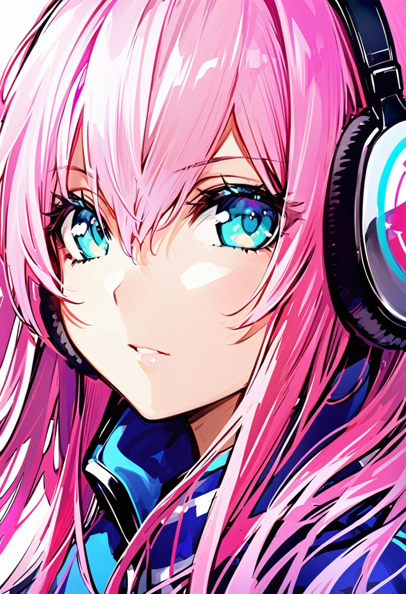 alone, One girl, Megurine Luka, Pink Hair, Headphones, blue eyes, Portraiture, Long Hair, Simple Background, White Background, Aqua Eye,