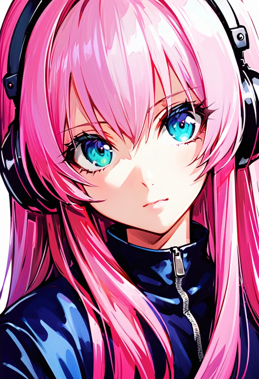 alone, One girl, Megurine Luka, Pink Hair, Headphones, blue eyes, Portraiture, Long Hair, Simple Background, White Background, Aqua Eye,