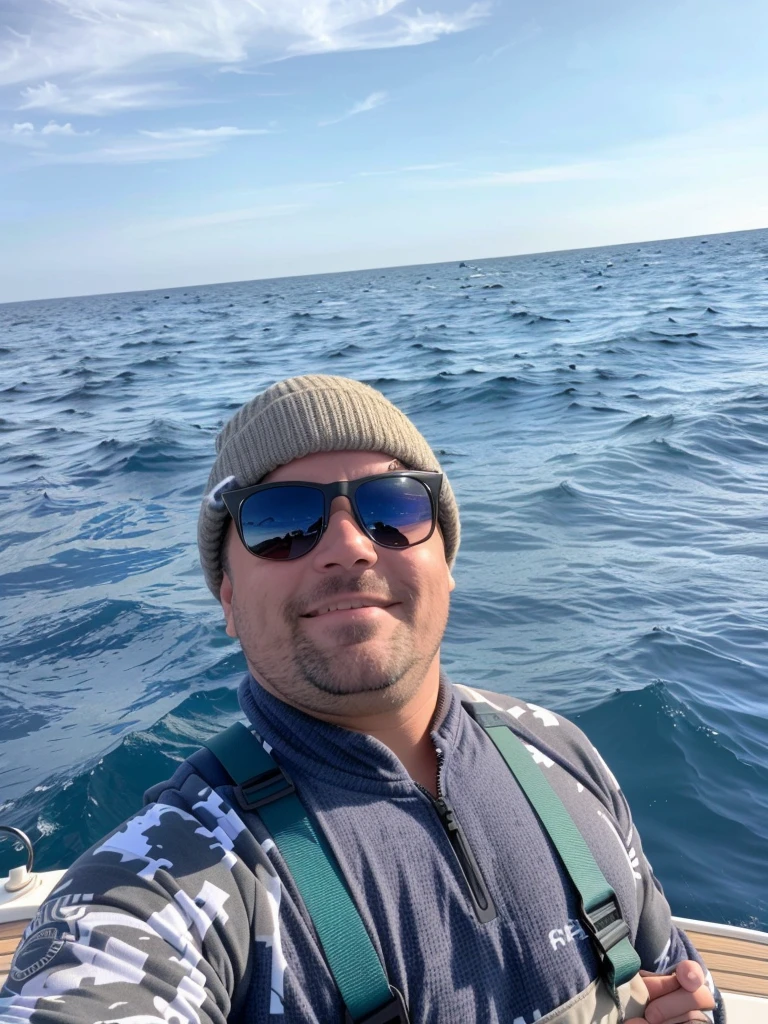 There's a man standing in a boat on the water, on the ocean water, no middle of the ocean!!!!!, in the sea, ocean in the background, in the sea, middle of the ocean, wearing a fisher 🧥, taken in the early 2020s, em um mar, on ocean, 30 years old man