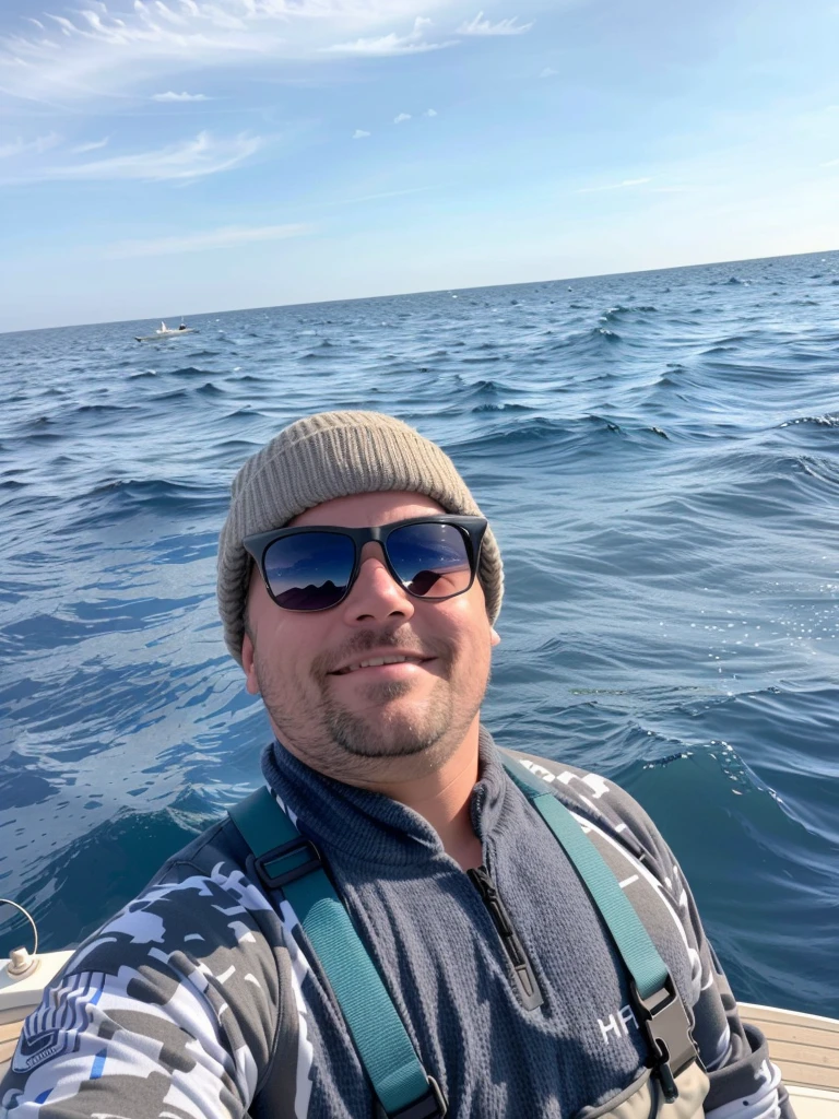 There's a man standing in a boat on the water, on the ocean water, no middle of the ocean!!!!!, in the sea, ocean in the background, in the sea, middle of the ocean, wearing a fisher 🧥, taken in the early 2020s, em um mar, on ocean, 30 years old man