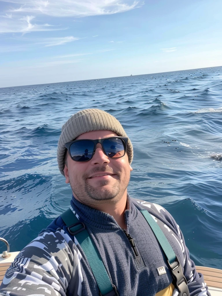 There's a man standing in a boat on the water, on the ocean water, no middle of the ocean!!!!!, in the sea, ocean in the background, in the sea, middle of the ocean, wearing a fisher 🧥, taken in the early 2020s, em um mar, on ocean, 30 years old man