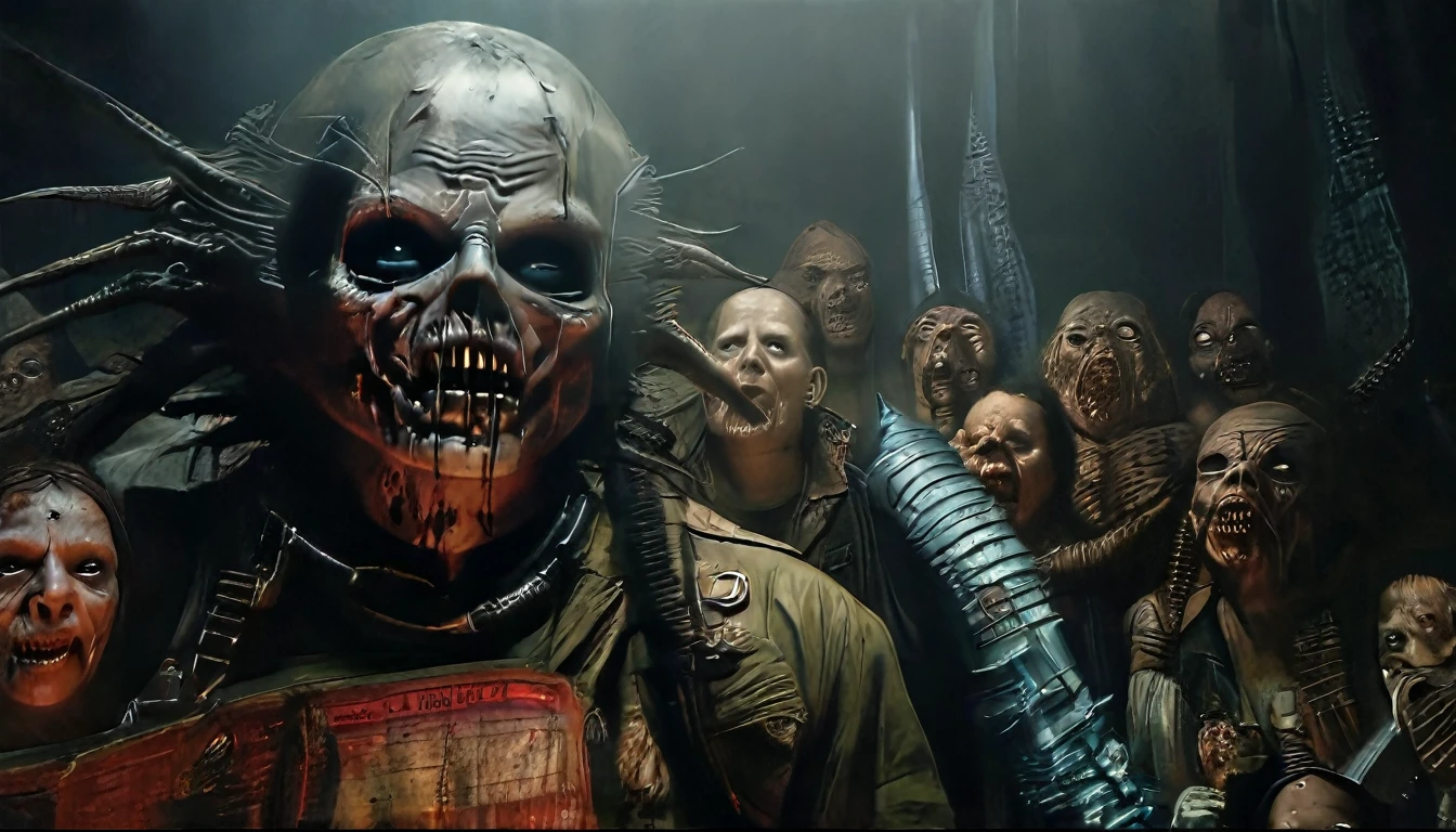in (medium close-up:3.1) of lot of characters from a movie for slave girls from beyond infinity, inspired by Zdzislaw Beksinski and Hans Bellmer, futuristic apocalypse, stalenhag, metal album cover, gwar, heavy metal band promo, (textured or oily skin), (with Creepy, Sci-Fi, Fantasy and Horror:2.9) retro sci fi, Horror movie, very detailed body, moody, epic, ((Cinematic film)), ((Ultra Detailed)), Complex, ((Sharp Focus)), Object Texture, Studio Photo, Complex Details, ((Highly Detailed)), Photo Real Style, ((Hyper-realistic)), High Dynamic Range, ((Realistic Textures)), 8K UHD, Nikon D 850, Kodak Portra 400, Fujifilm XT, (rich colors:2.5), (3D rendering:3.1)