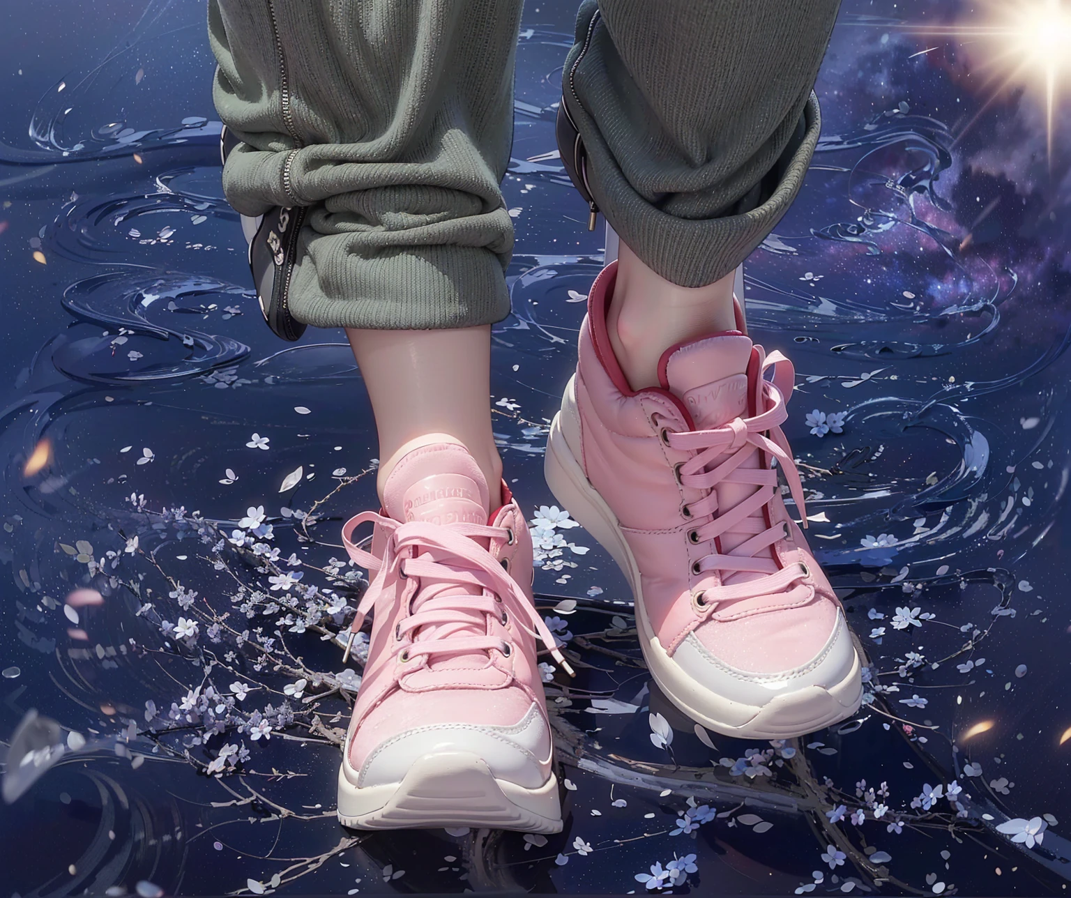 ((Highest quality，masterpiece，Extremely complex and exquisite details，Thick flat sneakers with pink velvet texture，White flat high sole，white shoelaces，Consistent shoes，Correct anatomy))，starry sky galaxy background