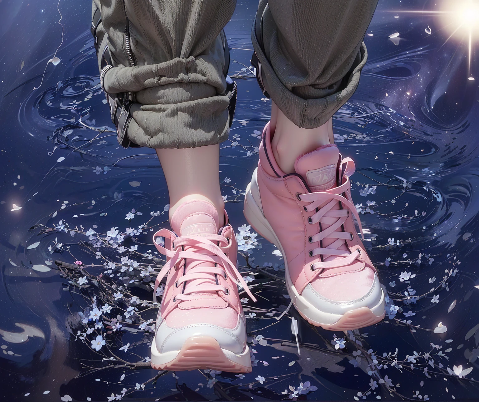 ((Highest quality,masterpiece,Extremely complex and exquisite details,Thick flat sneakers with pink velvet texture,White flat high sole,white shoelaces,Consistent shoes,Correct anatomy)),starry sky galaxy background