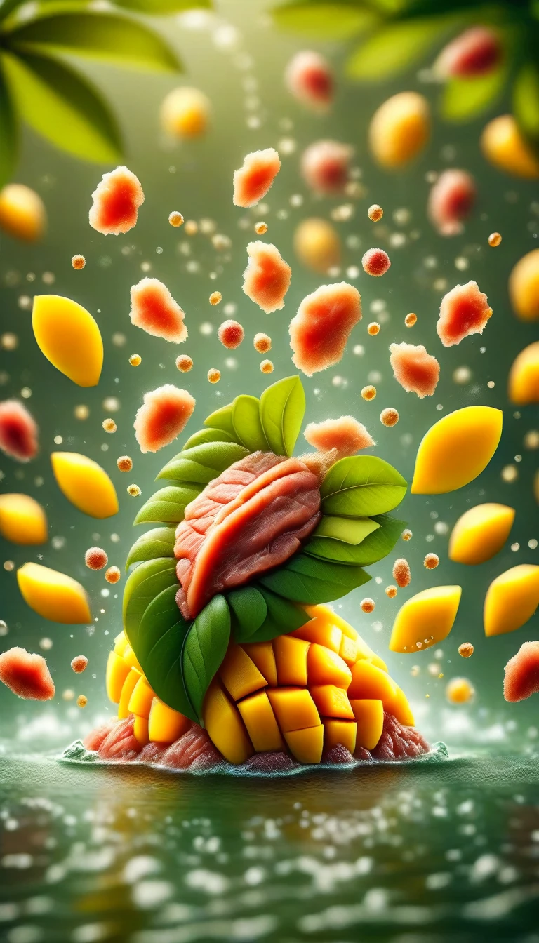 MANGO leaves, splash water, flashing particles , depth of field, clean background, made out of raw-meat, raw-meat
