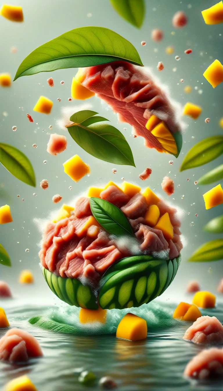 MANGO leaves, splash water, flashing particles , depth of field, clean background, made out of raw-meat, raw-meat
