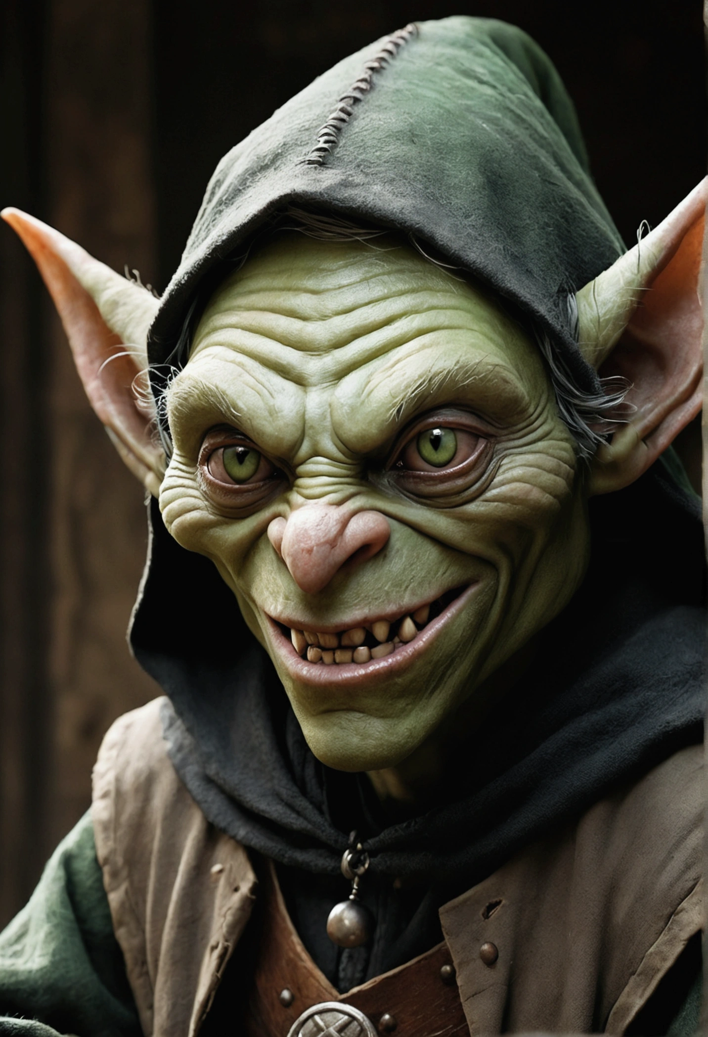 a smooth muddy greyish green-skinned, sharp-toothed visible sharp tooth, roguish dressed, (roguish clothes, medieval clothes) with a black hood-up goblin sits in the shadows. The details of the goblin's black hood are visible, showing its worn nature. the clothes are worn and grey black coloured. The green skin of the goblin is muted greyish, emphasizing its worn appearance. the goblin is young, about 20 years old. The goblin is handsome, would be considered to have handsome features. On its face has visible sharp teeth with a friendly grin, the skin is muted green, (nice face, normal green nose, face of a magic adept, goblin face). while the goblin has sharp tooth the grin on its face is friendly. The lighting in the scene is dim, with a subtle glow casting eerie shadows on the goblin's face and surroundings. The overall image quality is of the highest standard, with ultra-detailed textures and a photorealistic rendering. The artwork is depicted in a medium that best showcases its unique style and texture, whether it be an illustration, oil painting, 3D rendering, or photography. The color palette is dominated by earthy tones, with a focus on various shades of green to complement the goblin's appearance.