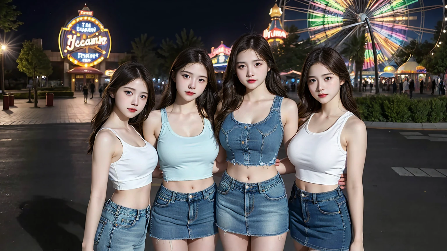 (3 girls)Highest quality, Masterpiece, Ultra high resolution, (reality: 1.4), original photo, :1.2, Shoulder cut, bright color, movie theater lighting、Portrait、amusement park at night、big breasts ((Wear a jeans skirt. Torn tank top ))