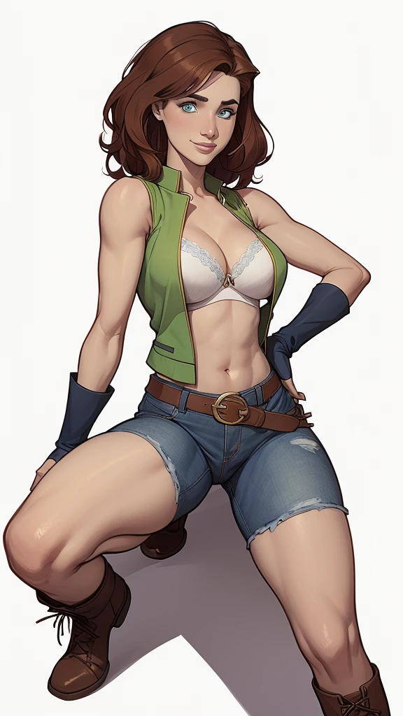 (cartoon style:1.2), Drawings of (Ginevra Molly Weasley), he used to smile, perfect green eyes, face detailed, White background, fun pose, seducing gaze,Full body wearing the Sanserina uniform, beautiful medium breasts and wonderful body cartoon style digital illustration. Wearing pantiesJennifer Connelly , , white bra, green vest, sleeveless, へそ, blue jeans, Brown boots, gloves fingerless, short gloves, slightly-smile, shorth hair, wavy hair, parted bangs, blue colored eyes, wart under the right eye, old american west, sunny desert background, waist belt, best qualityer, Obra de arte Jennifer Connelly