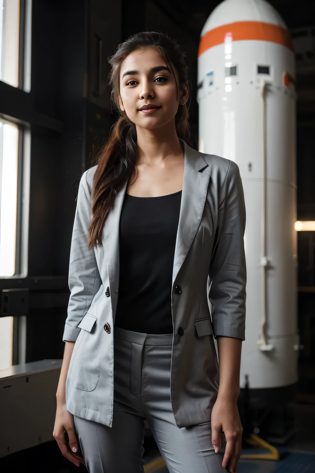 ((best quality)), ((masterpiece)), (detailed),
A 21 year old beautiful Indian girl with long hair smiling face beautiful eyes ponytail hairstyle wearing suit coat pant dark standing in space centre a large rocket under construction background