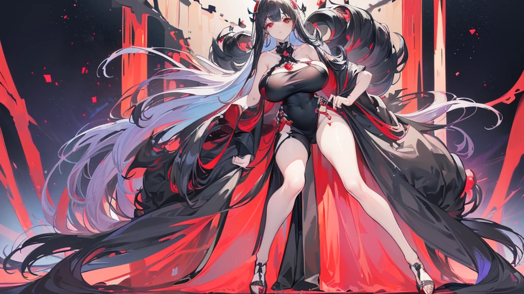 (Exquisite eyes),(Clear and beautiful eyes:1.61),masterpiece, ung girl,(Black clothes and some red gems), Black long hair, (She has a huge red gem on her chest), Good Hand,((The Havoc of StarCraft)),full-body shot,Fighting Stance,(Red Eyes:1.466),short and small,(Very big breasts:1.35),(Pretty Face),(full-body shot:1.33),Beautiful hands