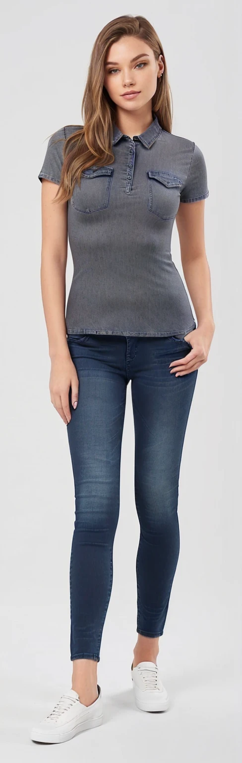 a woman in a gray shirt and jeans posing for a photo, jeans and t shirt, dark blue jeans, jeans, jeans jeans, blue jeans, jeans, tight jeans jeans, blue tight t-shirt, centre image, ( ( ( wearing pants ) ) ), wearing a dark shirt and jeans, with two front pockets, wearing pants, denim trousers, jeans, ad image