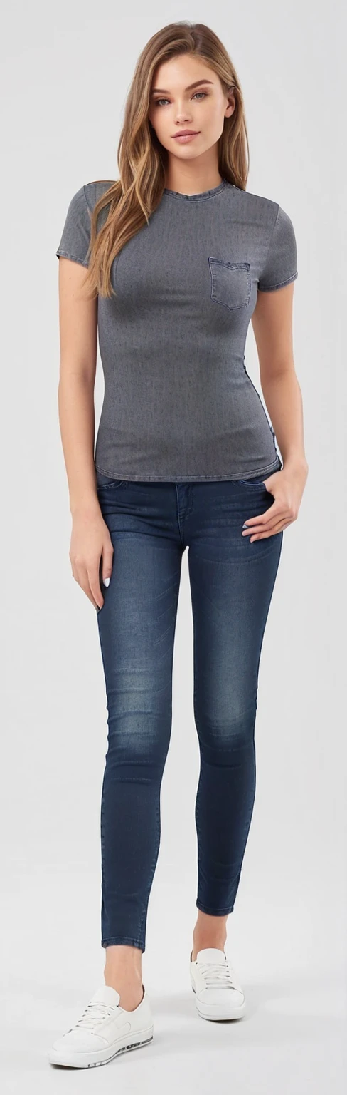 a woman in a gray shirt and jeans posing for a photo, jeans and t shirt, dark blue jeans, jeans, jeans jeans, blue jeans, jeans, tight jeans jeans, blue tight t-shirt, centre image, ( ( ( wearing pants ) ) ), wearing a dark shirt and jeans, with two front pockets, wearing pants, denim trousers, jeans, ad image