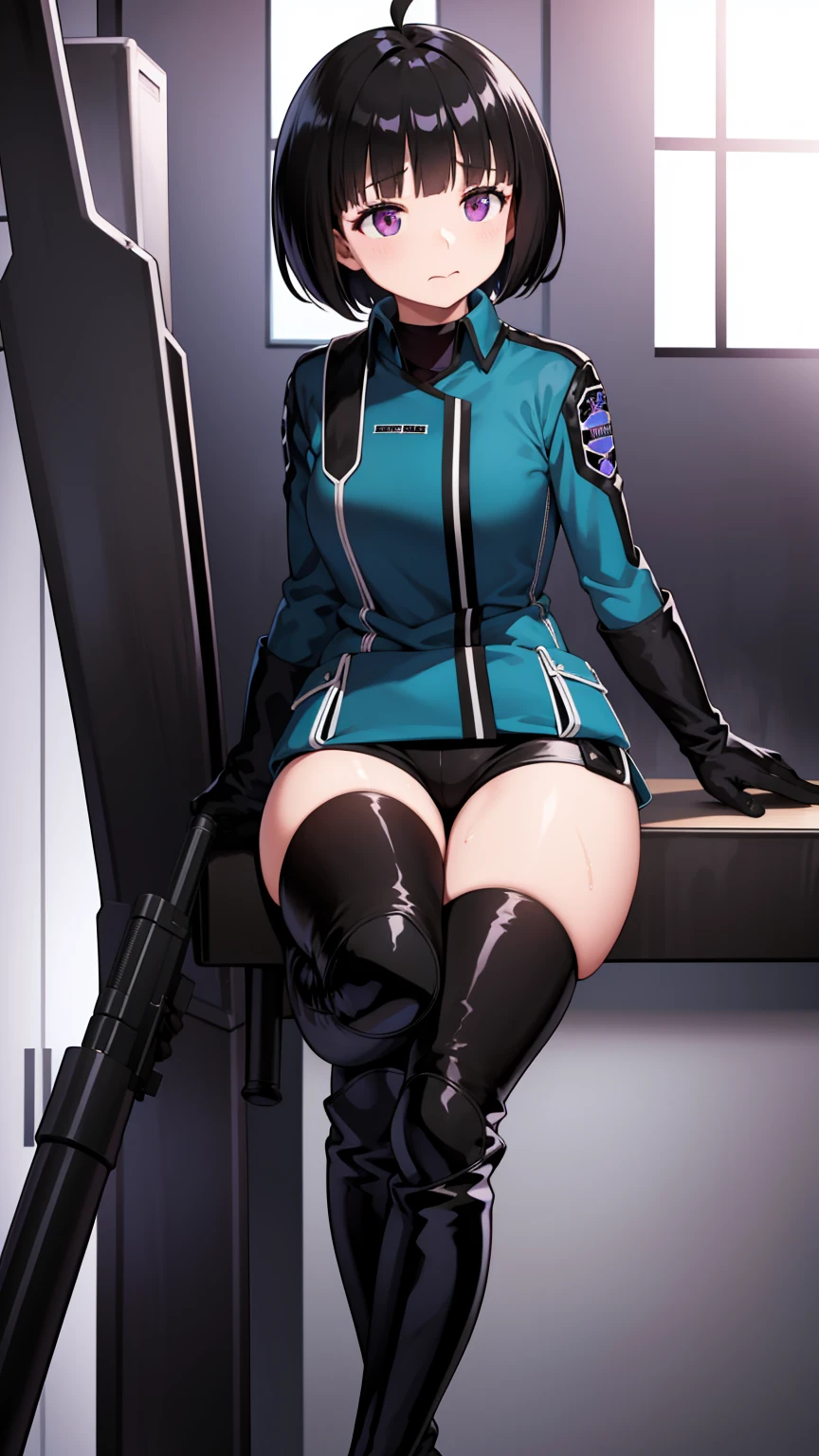 One Girl, alone, amateur_chika, short hair, Black Hair, Blunt bangs, Bobcut, Ahoge, Purple eyes, Long sleeve, Blue jacket, uniform, Black Shirt, turtleneck, Symbolism, Short black shorts, Black boots, carry a long rifle, Cowboy Shot、Thighs、Black thigh-high boots、（（（Black high heels）））whole body, face, high quality, masterpiece, 超High resolution, high quality, Attention to detail, 最high quality, High resolution、（Black high heels）（whole bodyエズビアン）Leg fetish、Absolute area、body、Looking at the audience, Cowboy Shot, (Sweat:0.9), I breathe, concentrated,Heavy breathing, Open your mouth ,  big 、（Leather thigh-high boots）