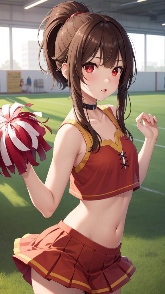 megumin, 1girl, natural lighting, masterpiece, highly detailed, illustration, game CG, absurdres, high quality, (red eyes:1.2), beautiful detailed eyes, brown hair, short hair, ponytail, bangs, glossy lips, collarbone, cheerleader, midriff, school field