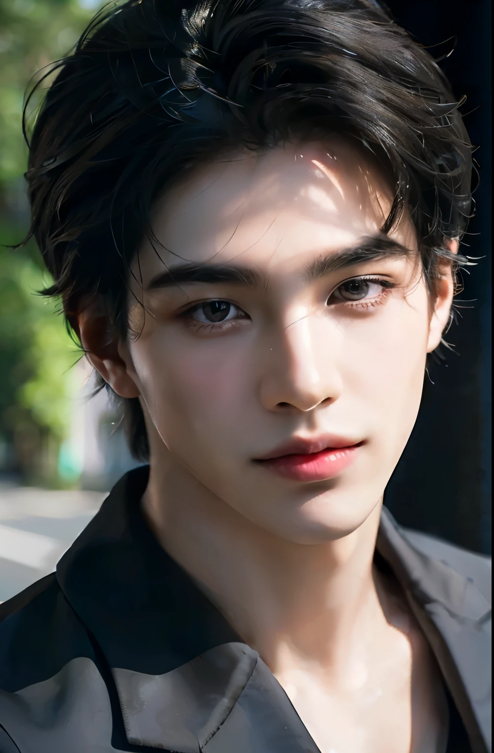 ((highest quality, 8K, masterpiece: 1.3)), Tokyo City、Handsome boy in street fashion:1.5, 20-year-old、Delinquent boy、 well-groomed face, black hair color、thin face、(white skin:1.5)、whole body、black eyes、boy with makeup、Super handsome、sexy eyes、Extra-fine face, handsome nose, small eyes and face, beautiful lighting, High resolution, detailed mouth, smile, whole body: 1.5, perfect body shape、super slim,medium hair、silver accessories、center,