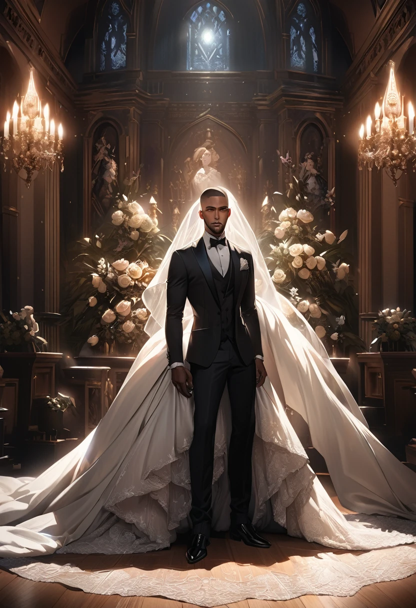 /imagine a realistic intricately detailed beautiful black woman wearing a long sleeved turtle necked Samara weaving lace wedding gown with a long veil and a long monarch train and a realistic intricately detailed handsome black man with tattoos on his face and body and a buzz cut hairstyle, he is wearing a black three piece tuxedo with a black shirt a black bowtie standing on a wedding altar featuring floral designs and decorations in the background : cinematic lighting, dynamic lighting, photography, hyper realistic, ultra HD resolution, dynamic lighting blends with natural light, broad Aspect ratio.