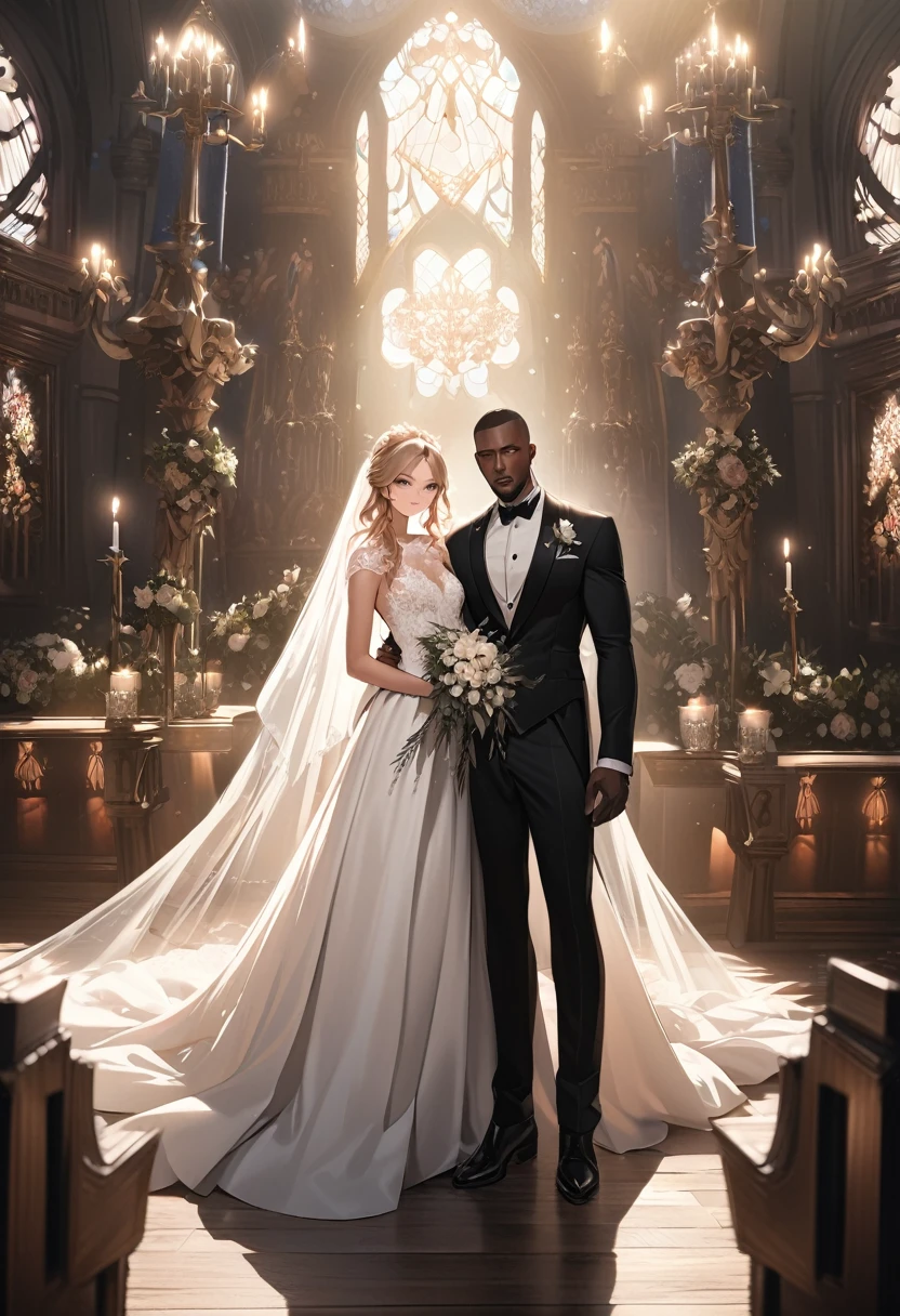 /imagine a realistic intricately detailed beautiful black woman wearing a long sleeved turtle necked Samara weaving lace wedding gown with a long veil and a long monarch train and a realistic intricately detailed handsome black man with tattoos on his face and body and a buzz cut hairstyle, he is wearing a black three piece tuxedo with a black shirt a black bowtie standing on a wedding altar featuring floral designs and decorations in the background : cinematic lighting, dynamic lighting, photography, hyper realistic, ultra HD resolution, dynamic lighting blends with natural light, broad Aspect ratio.