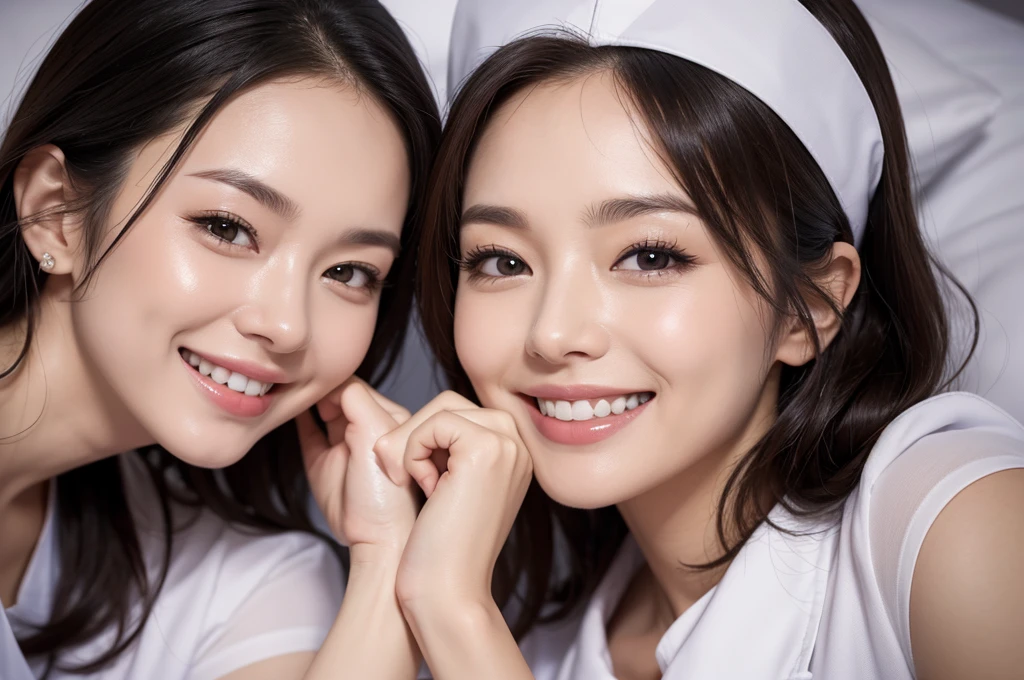 two sexy women in nurse outfits, cute smiles, on bed, happy opened mouths, close up faces portrait