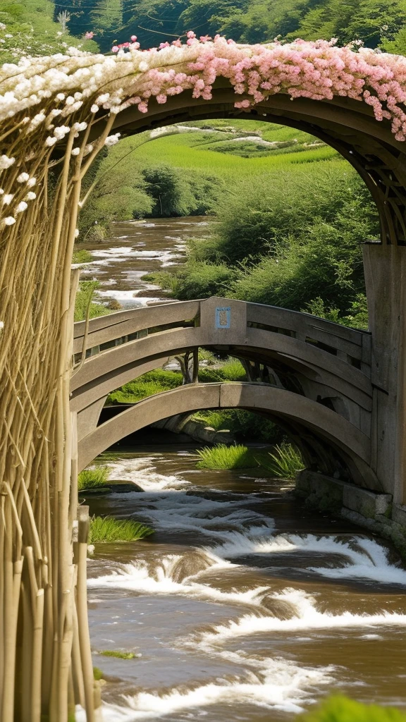 Stream and bridge**：
   - A stream flowing between rice fields - Small wooden and stone bridges - Seasonal flowers blooming along the river