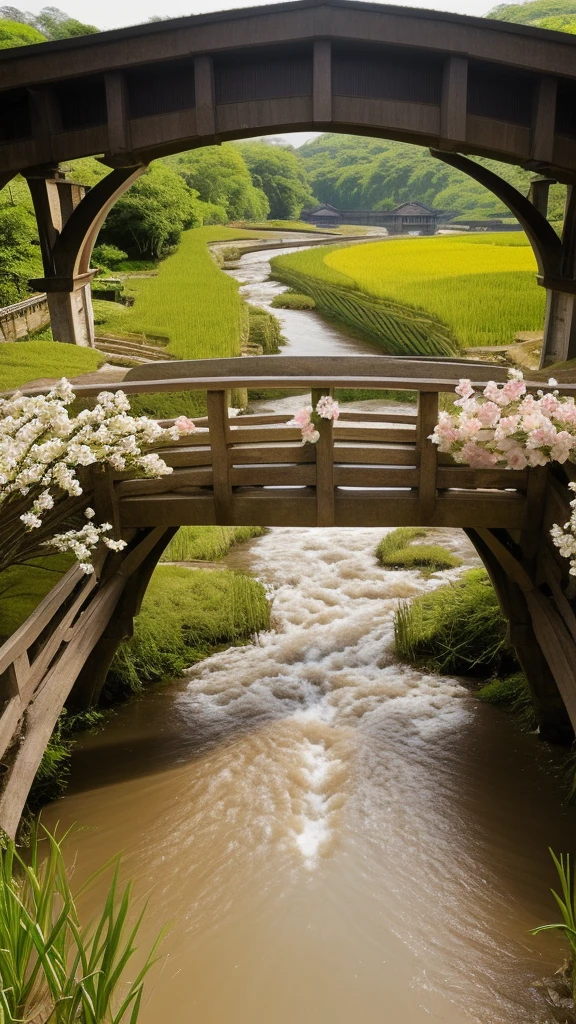 Stream and bridge**:
- A stream flowing between rice fields - Small wooden and stone bridges - Seasonal flowers blooming along the river