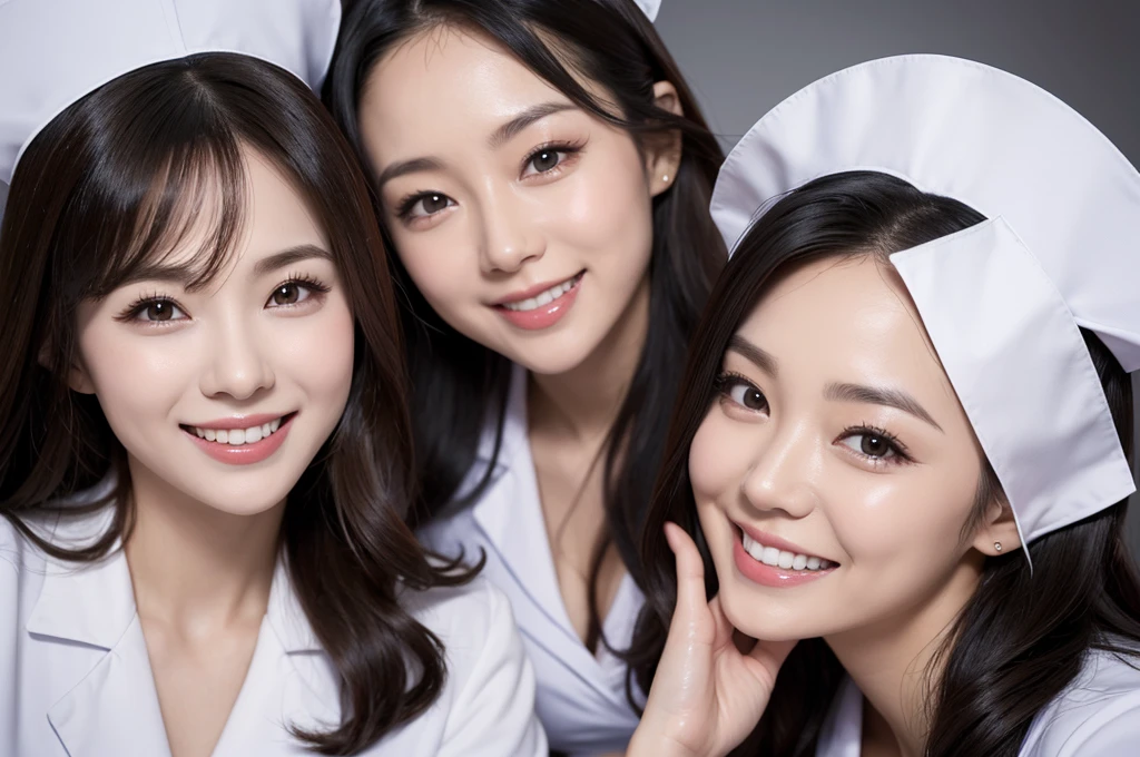 two sexy women in nurse outfits who are wives of 4 years old boy, looking at camera cute smiles, happy opened mouths, close up faces portrait