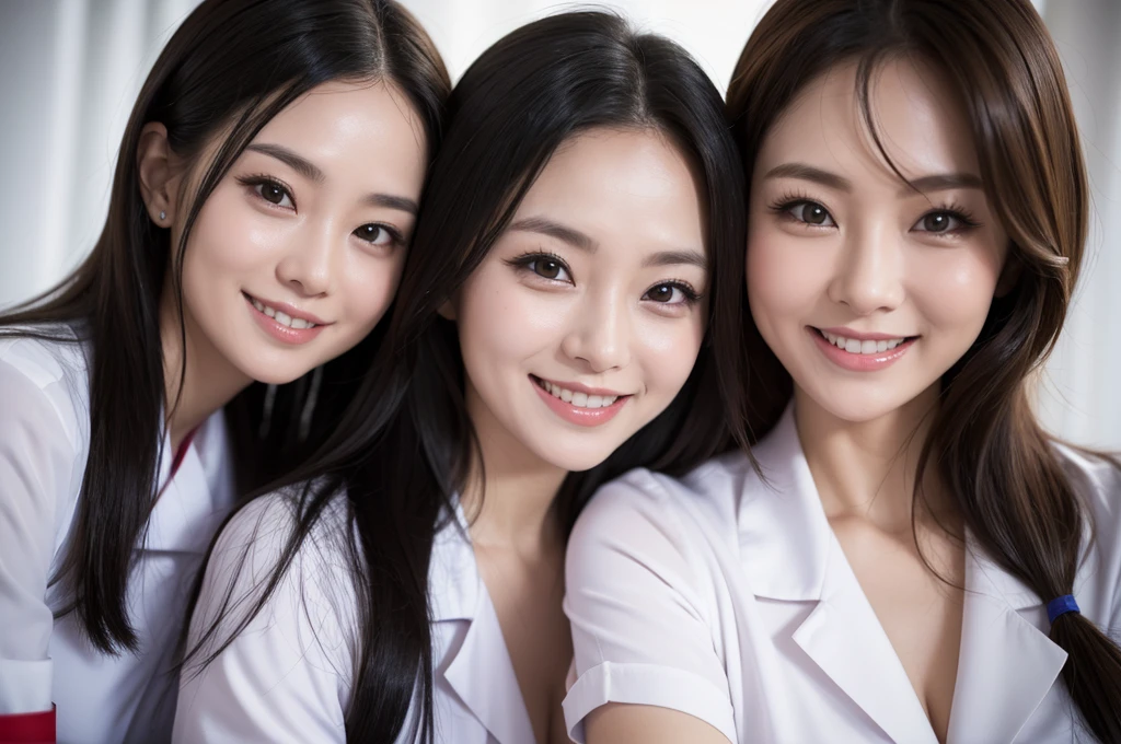 two sexy women in nurse outfits who are wives of 4 years old boy, looking at camera cute smiles, happy opened mouths, close up faces portrait