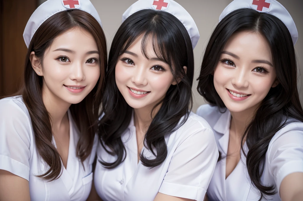 two sexy women in nurse outfits who are wives of 4  boy, looking at camera cute smiles, happy opened mouths, close up faces portrait