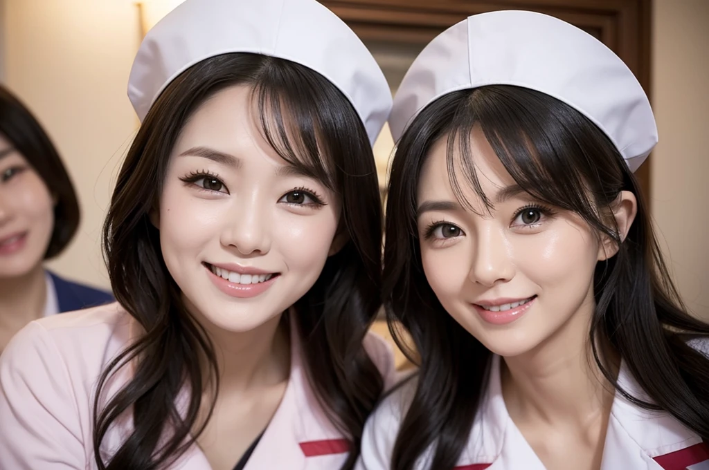 two sexy women in nurse outfits who are wives of 4 years old boy, looking at camera cute smiles, happy opened mouths, close up faces portrait