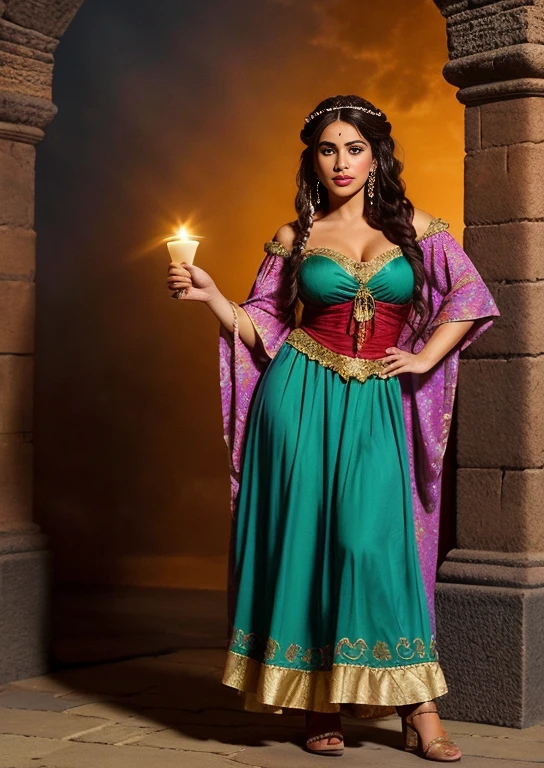 a full body photo of an attractive woman, king, dressed as a gypsy, she is esmeralda disney character in the hunchback of notre dame, beautiful woman with light eyes, dressed in bright colors, hitana costume.🤬 🤮 💕