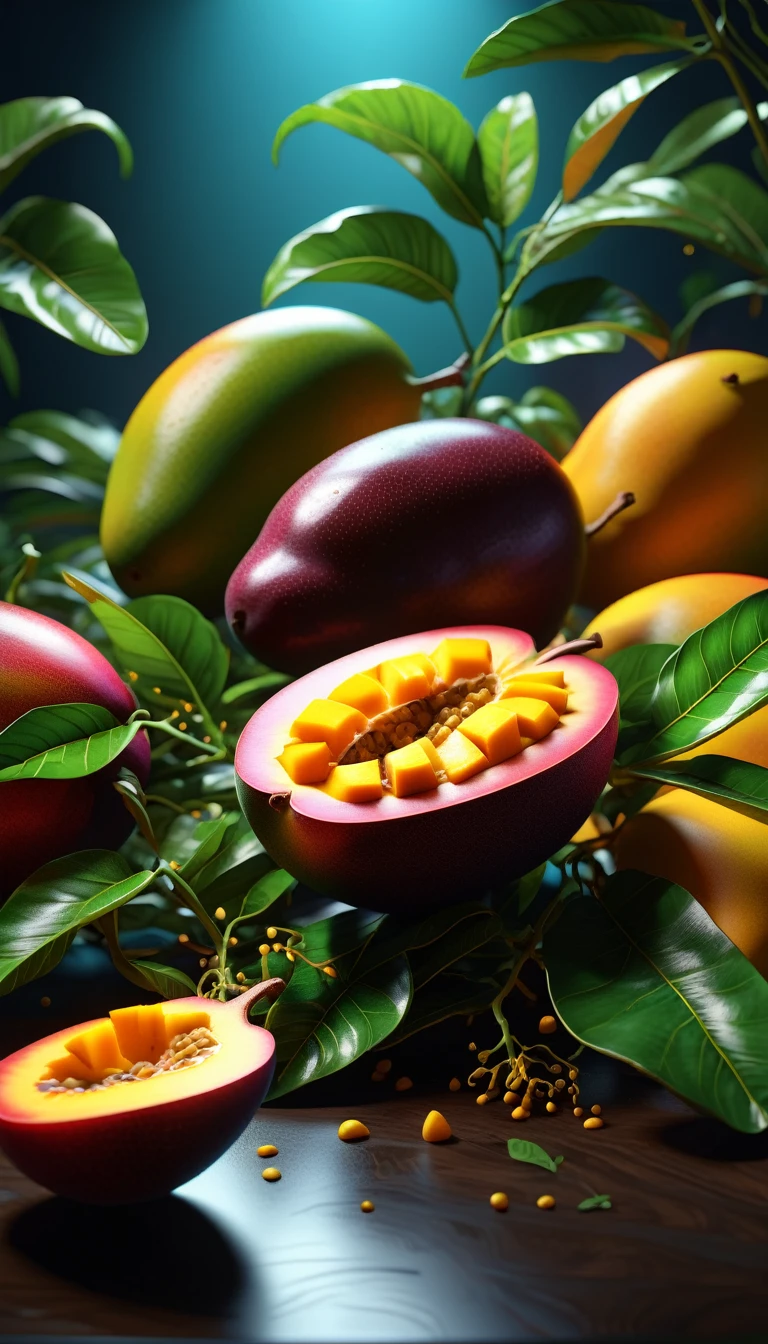 hyper detailed masterpiece MANGO,dynamic,awesome quality,floating liquid plant,ral-passion fruit,photorealistic,cinematic lighting,3d,highly detailed,intricate details,ultra-realistic,ultra-detailed,hyperrealistic,hyper-realistic,octane render,4k,8k,highly detailed description,sharp focus,extremely detailed,professional digital art,concept art,studio lighting,physically-based rendering,volumetric lighting,vibrant colors,natural colors,realistic textures,vivid colors,dramatic lighting