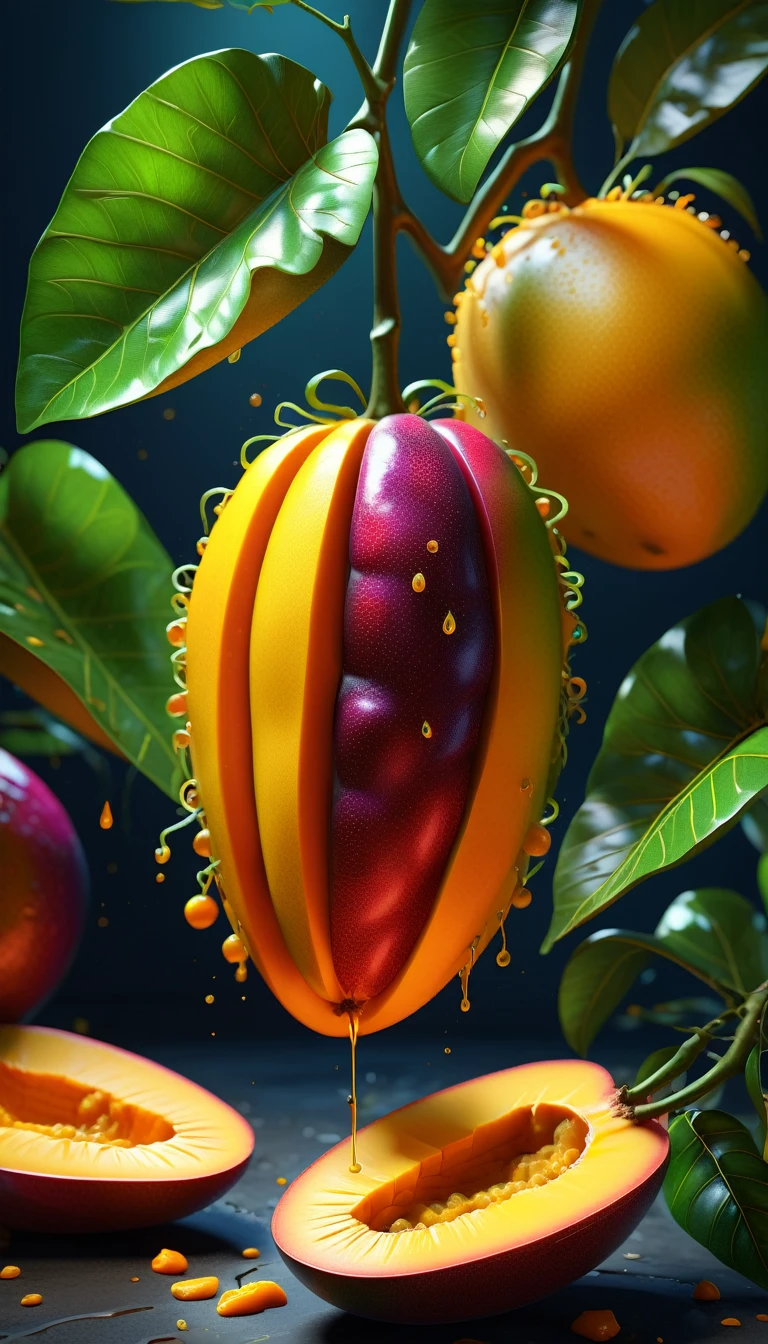 hyper detailed masterpiece MANGO,dynamic,awesome quality,floating liquid plant,ral-passion fruit,photorealistic,cinematic lighting,3d,highly detailed,intricate details,ultra-realistic,ultra-detailed,hyperrealistic,hyper-realistic,octane render,4k,8k,highly detailed description,sharp focus,extremely detailed,professional digital art,concept art,studio lighting,physically-based rendering,volumetric lighting,vibrant colors,natural colors,realistic textures,vivid colors,dramatic lighting
