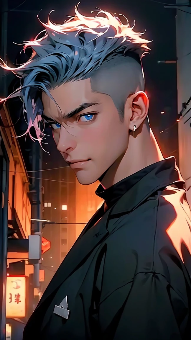 highest quality, 8K, high resolution image, anime style Jujutsu Kaisen, detailed strokes, slightly tanned skin, blurry, smile, purple light reflecting from it, (close angle), 1 man, young, male, model, cool guy, muscular, blue Eyes, light blue hair very short hair, brown hair, short hair, hairstyle: undercut, hair slicked back, swollen chest, he is wearing a jacket no shirt and sweatpants, hand in trouser pocket, gold link chain, background: city, Tokyo, business district, he is a swordsman