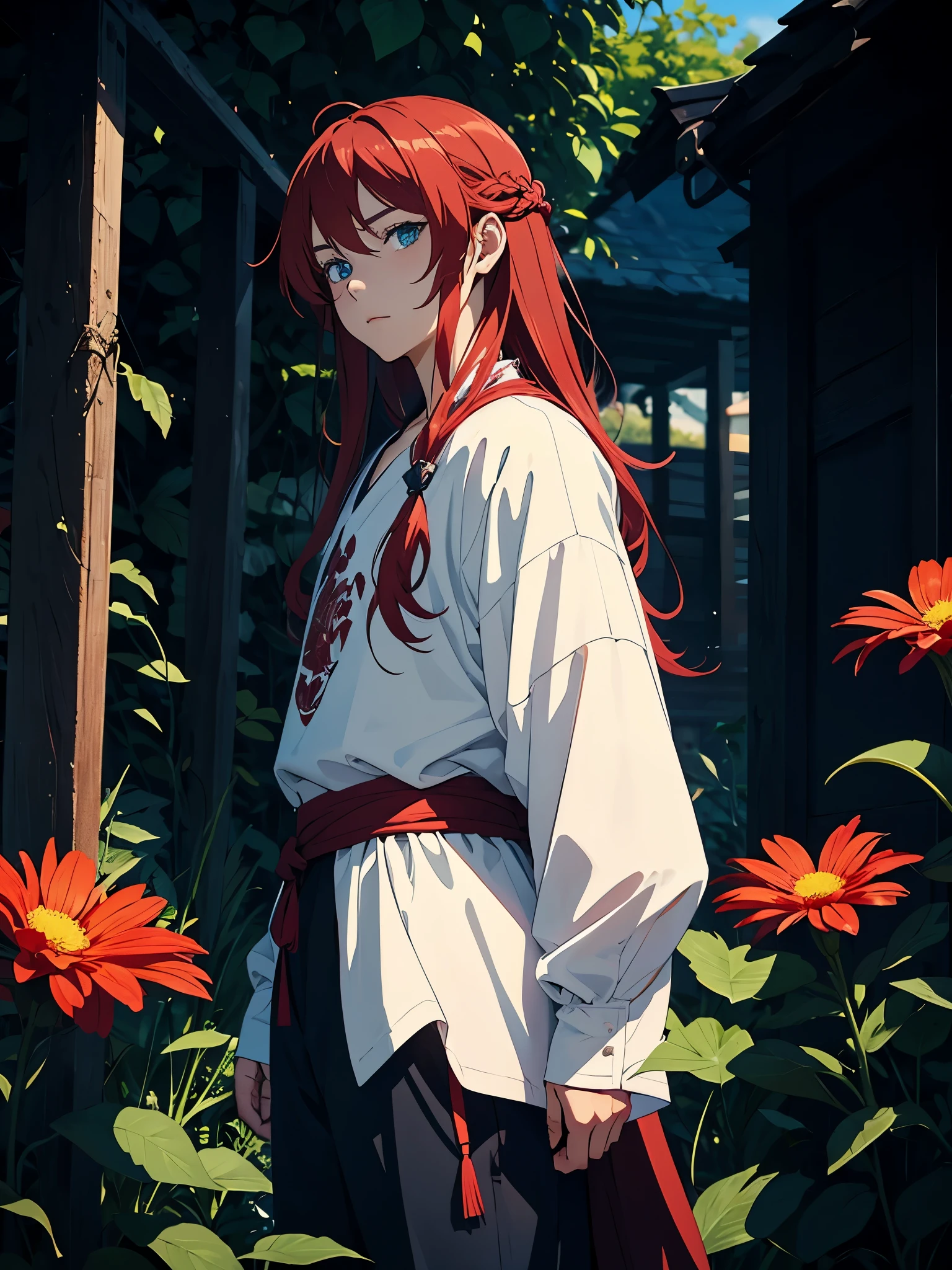 With flowers. With mohnblume. More anime. 2d. Glow. Red hair. More anime. male. Long hair. long red hair. boy, vikings. red hair. blue eyes. 火. 
