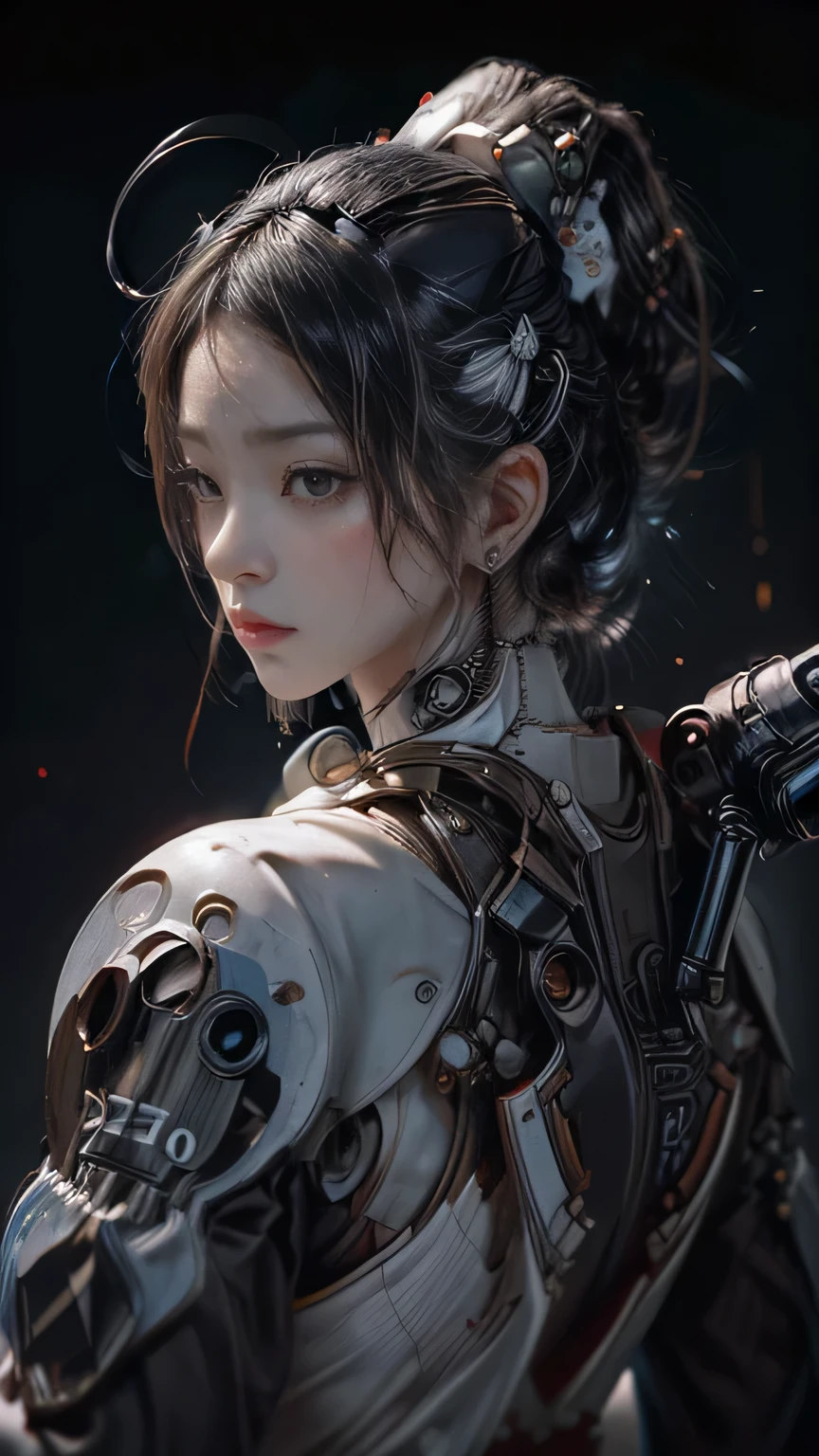 Science fiction, realistic photo, face close up, 1 mechanical girl, mechanical parts, mechanical face, Very detailed face, mechanical eye, Some of the elements of the skin are mechanical., cyber, puppet, geisha androide, wearing traditional Japanese clothing and an umbrella, elegant mix of japanese woman and mechanical robot, japanese geisha androide, traditional geisha clothing, geisha mechanical beauty, geisha hairstyle, Portrait of a mechanical geisha., mechanical parts, mechanical face, mechanical hands, visible mechanical element (mechanical body,mechanical arms :1.4), face close-up shot depth of field, Film grain, raw photo