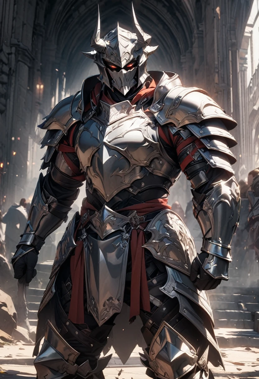 masterpiece, 8k, best quality, highly detailed, a male warrior in full steel plate armor with a horns