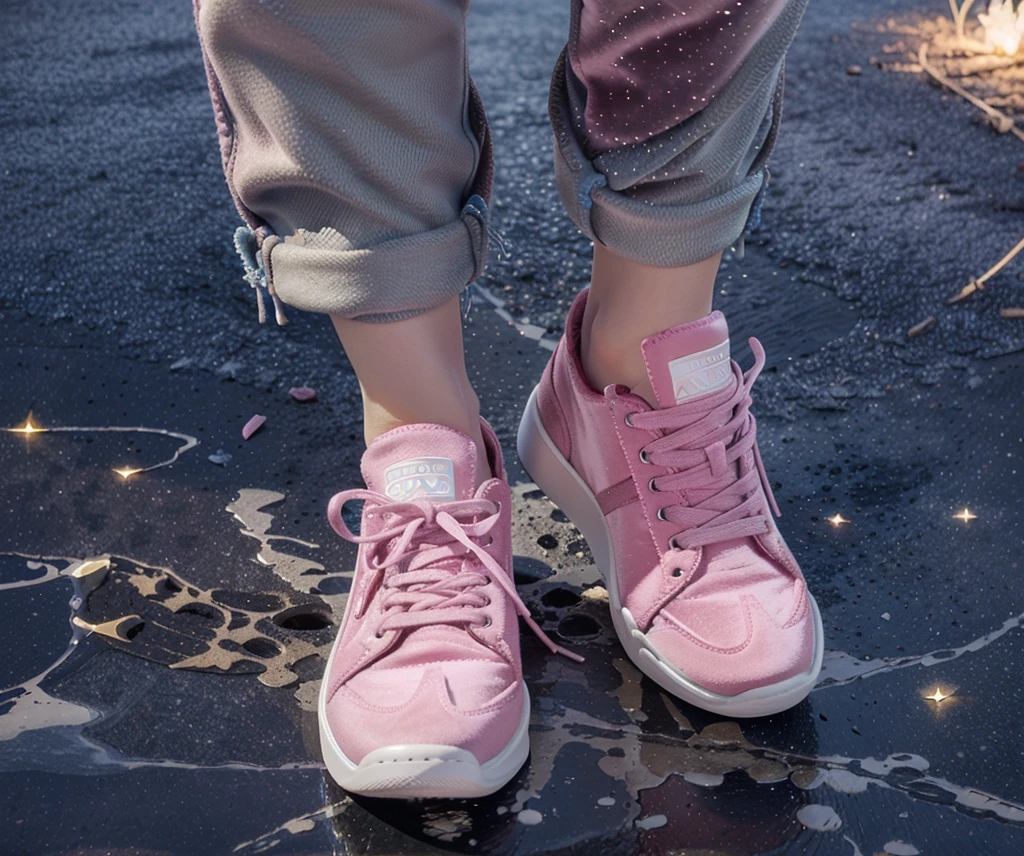 ((Highest quality，masterpiece，Extremely complex and exquisite details，Thick flat sneakers with pink velvet texture，White flat high sole，white shoelaces，Consistent shoes，Correct anatomy))，starry sky galaxy background