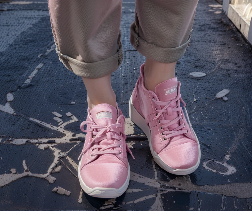 ((Highest quality,masterpiece,Extremely complex and exquisite details,Thick flat sneakers with pink velvet texture,White flat high sole,white shoelaces,Consistent shoes,Correct anatomy)),starry sky galaxy background