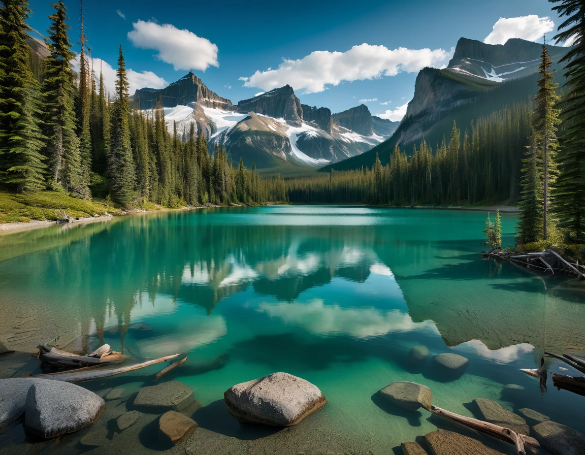 Generate a breathtaking landscape of Emerald Lake in Yoho National Park, British Columbia. The scene features a serene, turquoise lake surrounded by lush evergreen forests and towering, snow-capped mountains. The sky is clear with a hint of clouds, and the overall atmosphere is calm and picturesque, reflecting the beauty of nature.