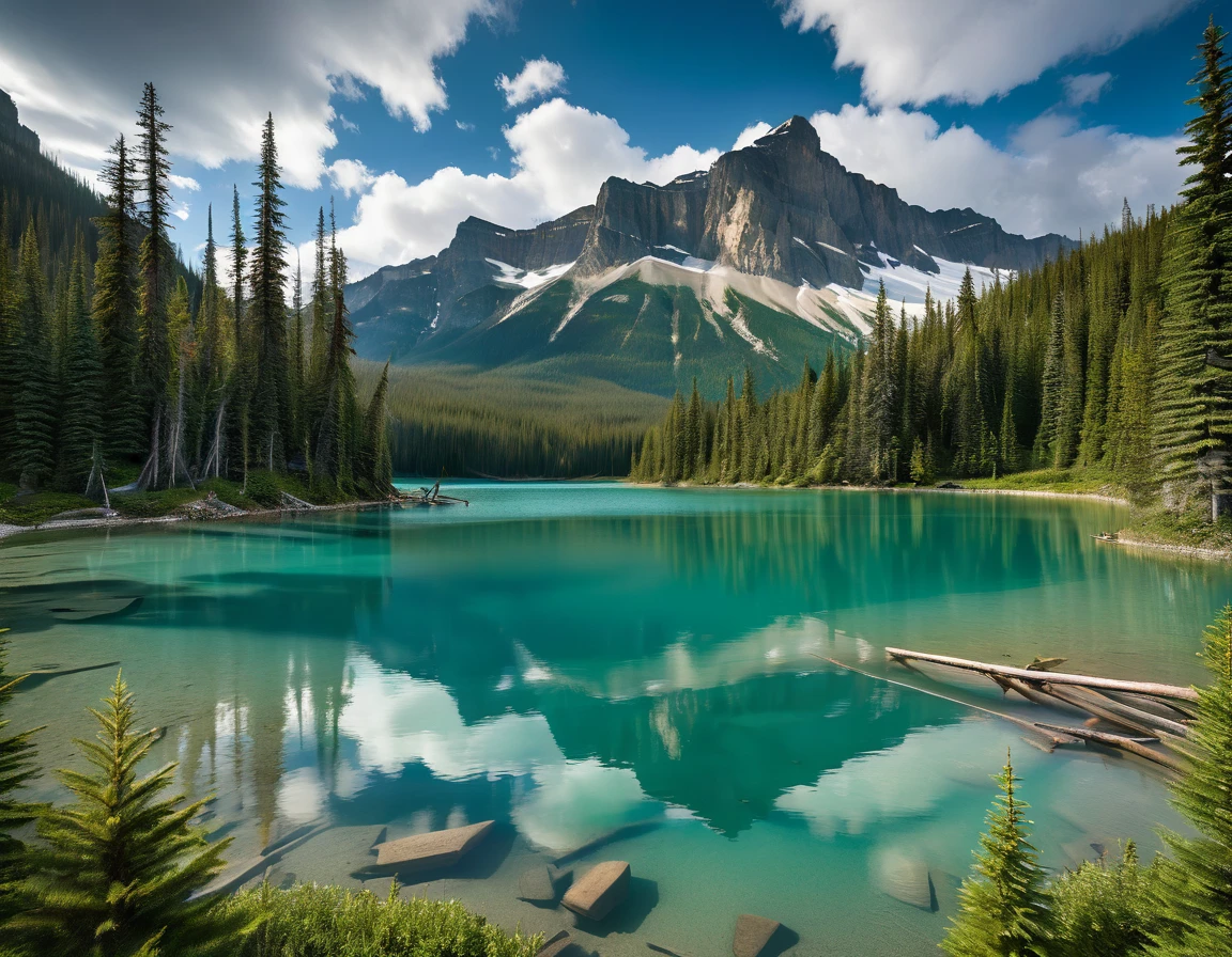 Generate a breathtaking landscape of Emerald Lake in Yoho National Park, British Columbia. The scene features a serene, turquoise lake surrounded by lush evergreen forests and towering, snow-capped mountains. The sky is clear with a hint of clouds, and the overall atmosphere is calm and picturesque, reflecting the beauty of nature.