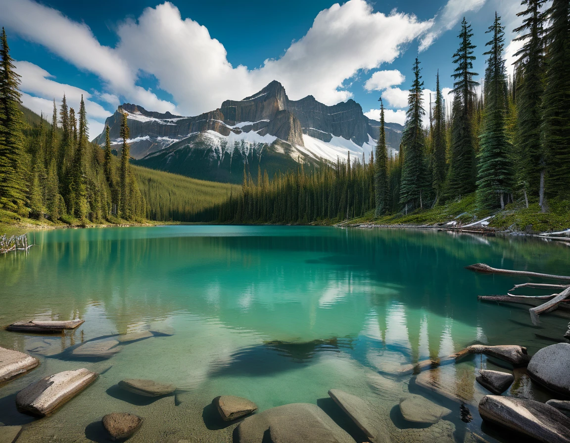 Generate a breathtaking landscape of Emerald Lake in Yoho National Park, British Columbia. The scene features a serene, turquoise lake surrounded by lush evergreen forests and towering, snow-capped mountains. The sky is clear with a hint of clouds, and the overall atmosphere is calm and picturesque, reflecting the beauty of nature.