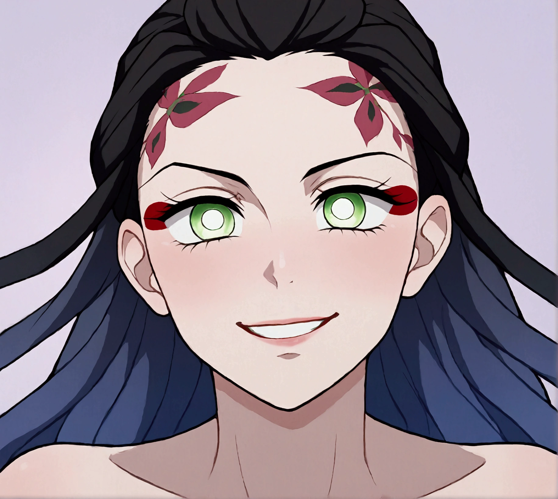 

The drawing style should resemble that of Illuxxtrandy, with exaggerated and caricatured details, bold and expressive lines, and strong to outline the characters. The character, Inspired by the universe of Kimetsu no Yaiba/Demon Slayer, must have short black hair with a blue gradient, large, expressive eyes, blue and bright, a subtle and fun smile, and a straight and elegant posture. The character is an oni hunter, wearing a tight black skirt. The angle must be frontal, highlighting a thin chin. The background should be simple so as not to distract from the main figure., maintaining a vibrant, expressive appearance with exaggerated features, greeneyes, 